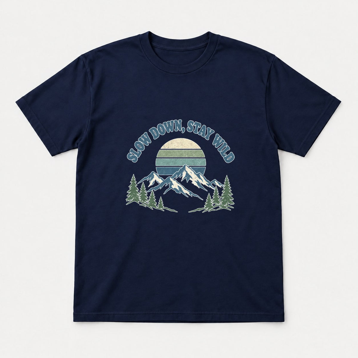 Slow Down, Stay Wild Retro Mountain Sunset Graphic T-Shirt & Sweatshirt - Tshirt Navy Front