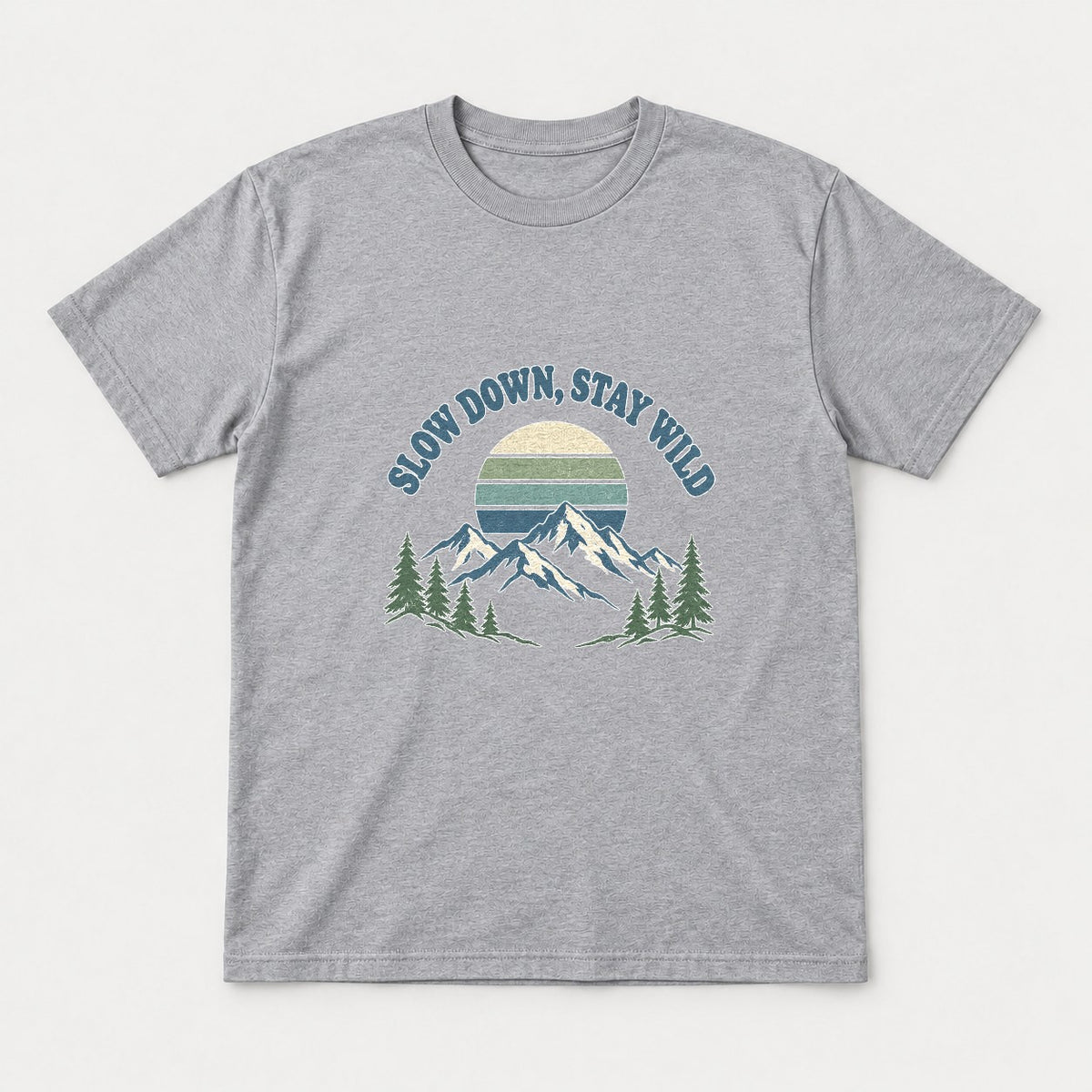 Slow Down, Stay Wild Retro Mountain Sunset Graphic T-Shirt & Sweatshirt - Tshirt Sport Grey Front