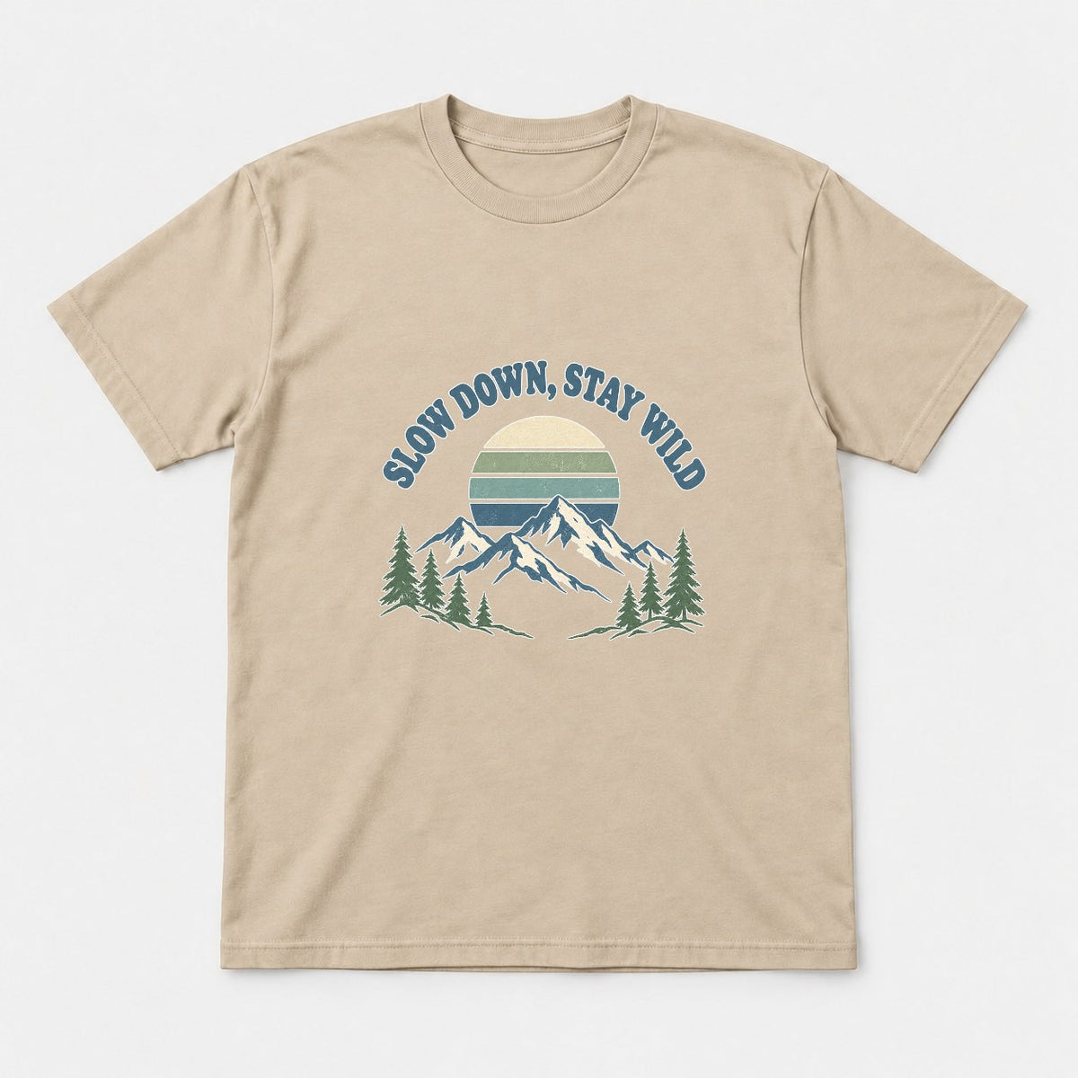 Slow Down, Stay Wild Retro Mountain Sunset Graphic T-Shirt & Sweatshirt - Tshirt Sand Front