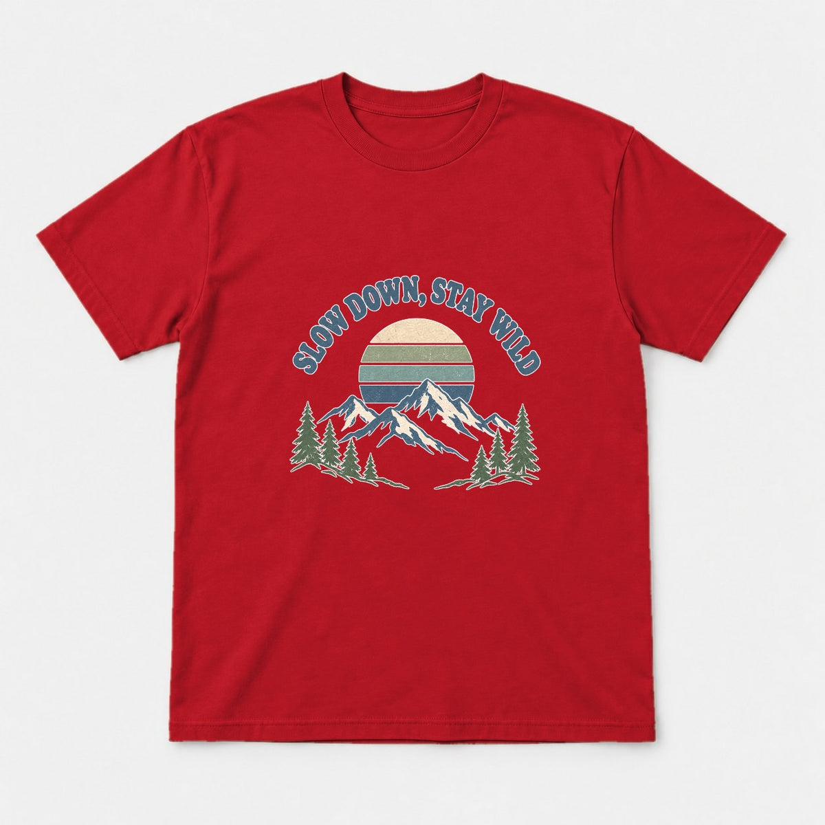 Slow Down, Stay Wild Retro Mountain Sunset Graphic T-Shirt & Sweatshirt - Tshirt Red Front