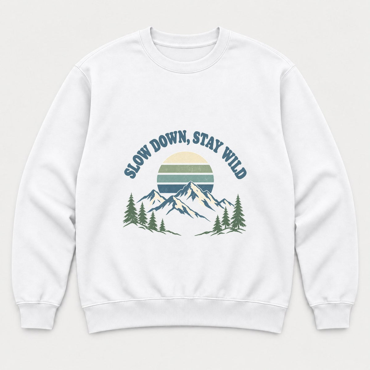 Slow Down, Stay Wild Retro Mountain Sunset Graphic T-Shirt & Sweatshirt - Sweatshirt White Front