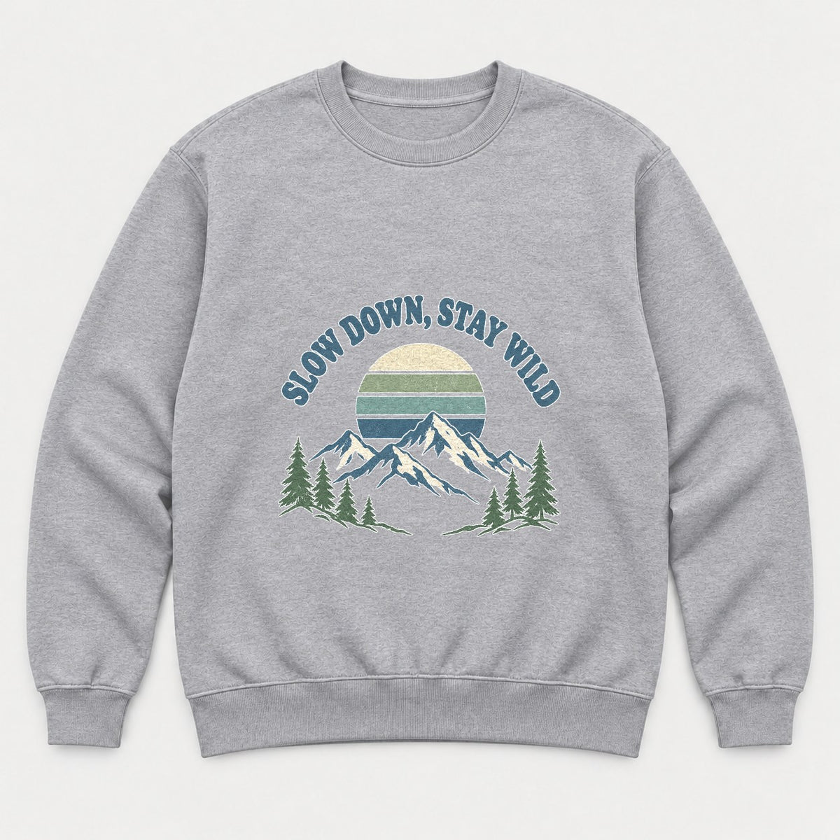 Slow Down, Stay Wild Retro Mountain Sunset Graphic T-Shirt & Sweatshirt - Sweatshirt Sport Grey Front