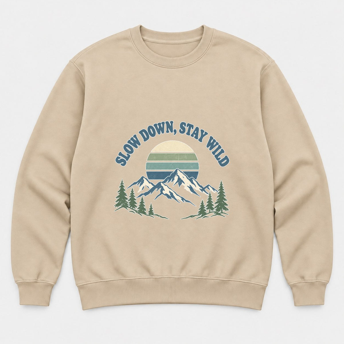 Slow Down, Stay Wild Retro Mountain Sunset Graphic T-Shirt & Sweatshirt - Sweatshirt Sand Front