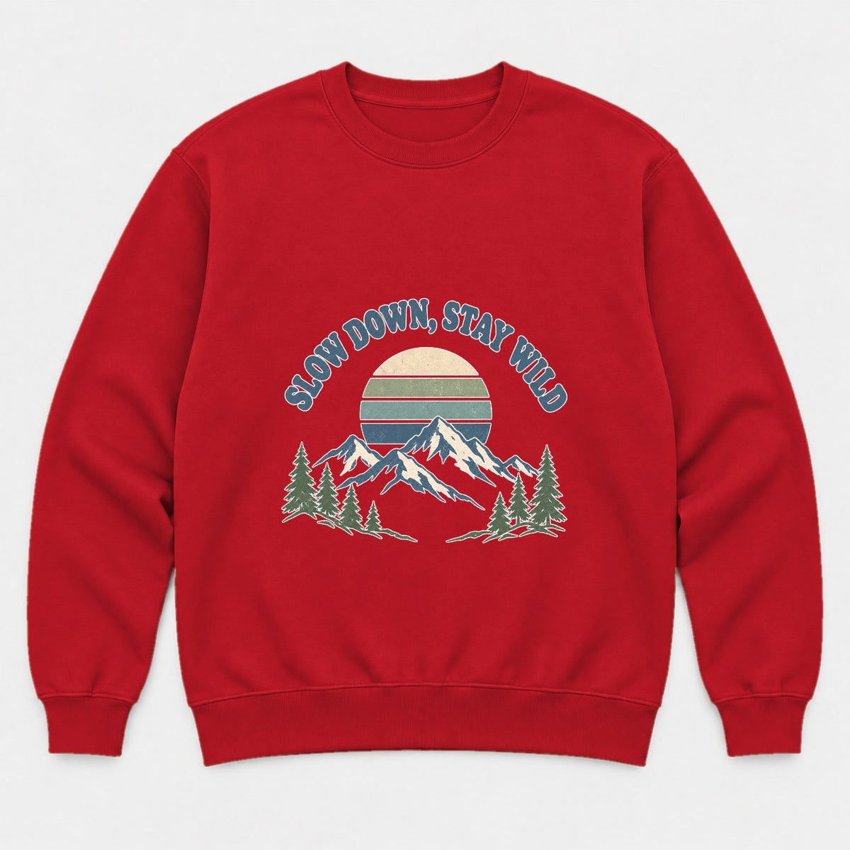 Slow Down, Stay Wild Retro Mountain Sunset Graphic T-Shirt & Sweatshirt - Sweatshirt Red Front