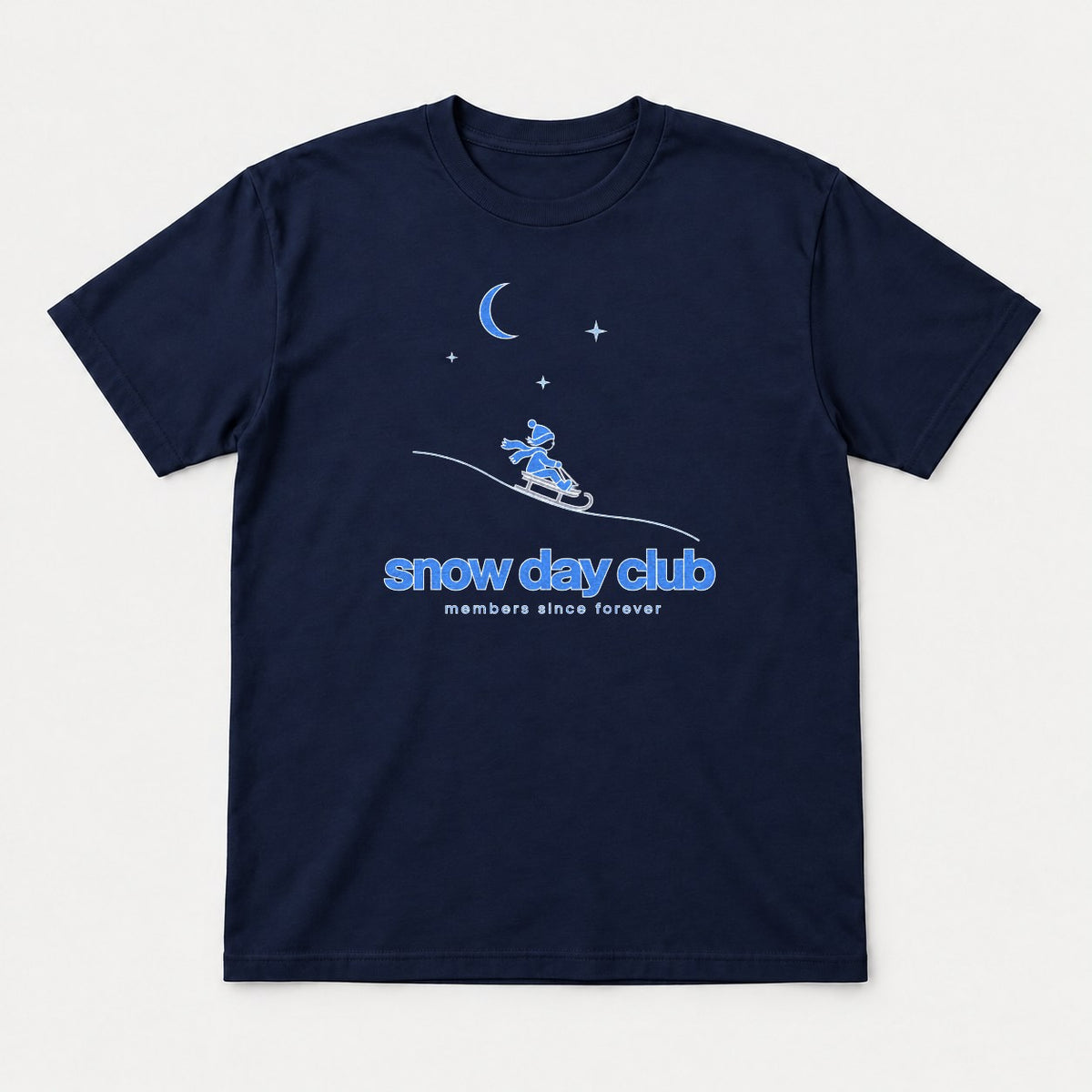 Snow Day Club Members Since Forever Sledding Graphic T-Shirt & Sweatshirt - Tshirt Navy Front
