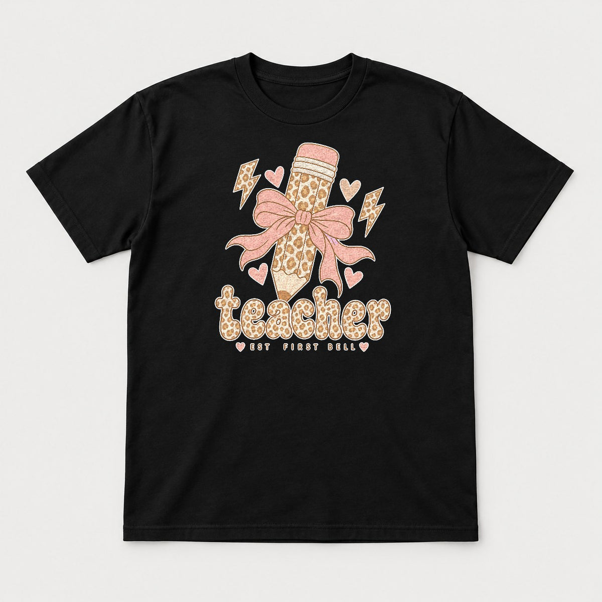 Teacher Est First Bell Leopard Pencil Coquette Bow Graphic T-Shirt & Sweatshirt - Tshirt Black Front
