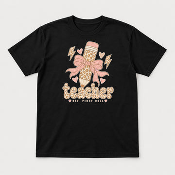 Teacher Est First Bell Leopard Pencil Coquette Bow Graphic T-Shirt & Sweatshirt - Tshirt Black Front