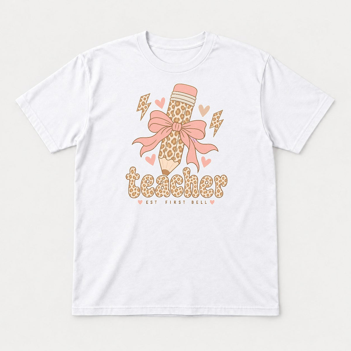 Teacher Est First Bell Leopard Pencil Coquette Bow Graphic T-Shirt & Sweatshirt - Tshirt White Front