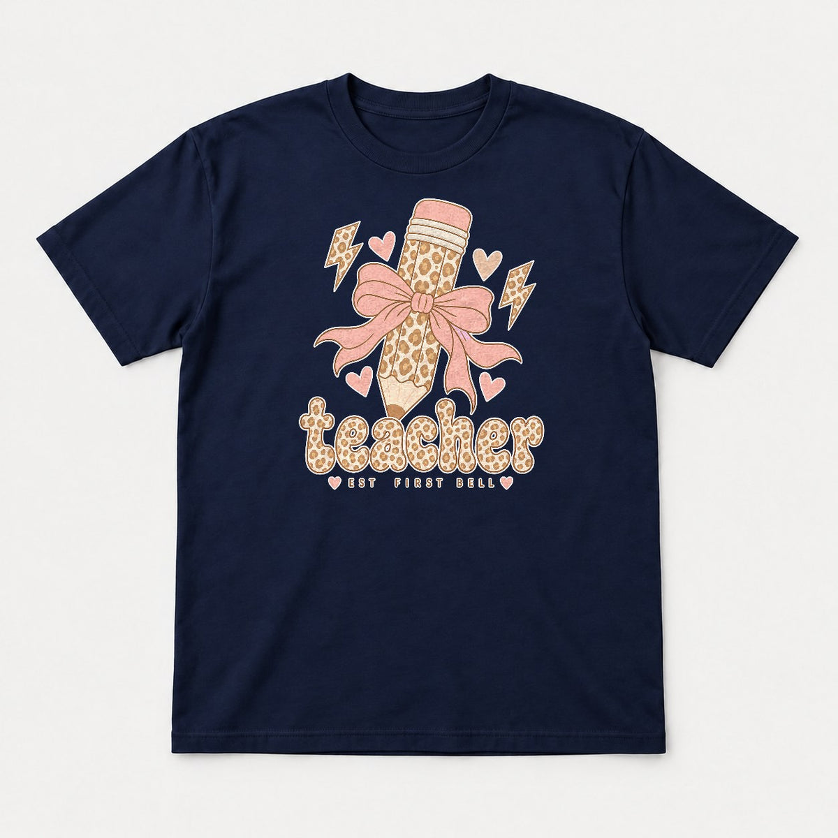 Teacher Est First Bell Leopard Pencil Coquette Bow Graphic T-Shirt & Sweatshirt - Tshirt Navy Front