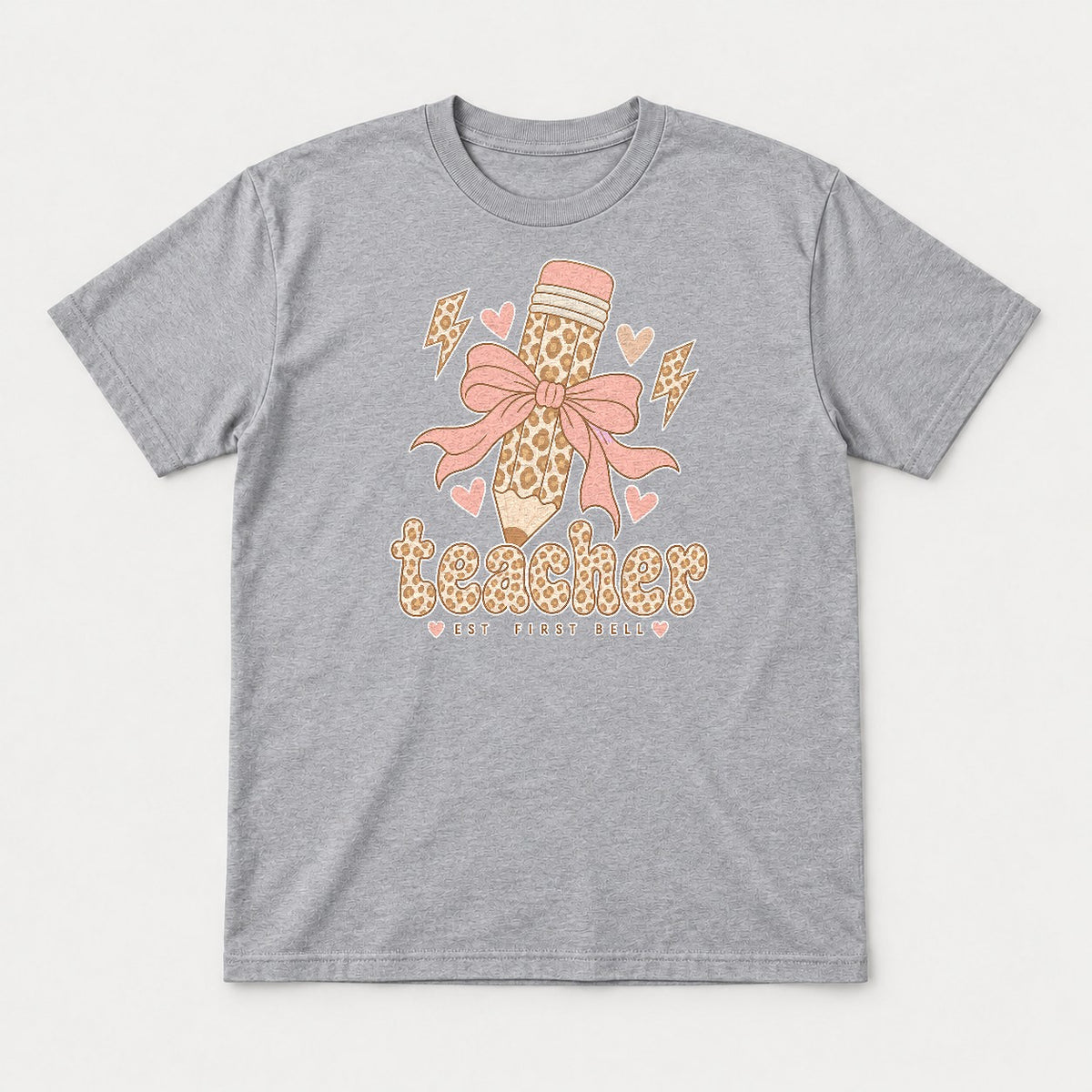 Teacher Est First Bell Leopard Pencil Coquette Bow Graphic T-Shirt & Sweatshirt - Tshirt Sport Grey Front