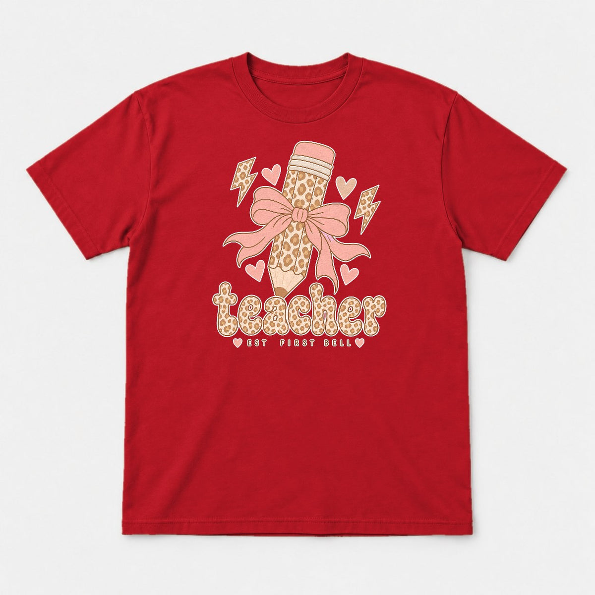 Teacher Est First Bell Leopard Pencil Coquette Bow Graphic T-Shirt & Sweatshirt - Tshirt Red Front