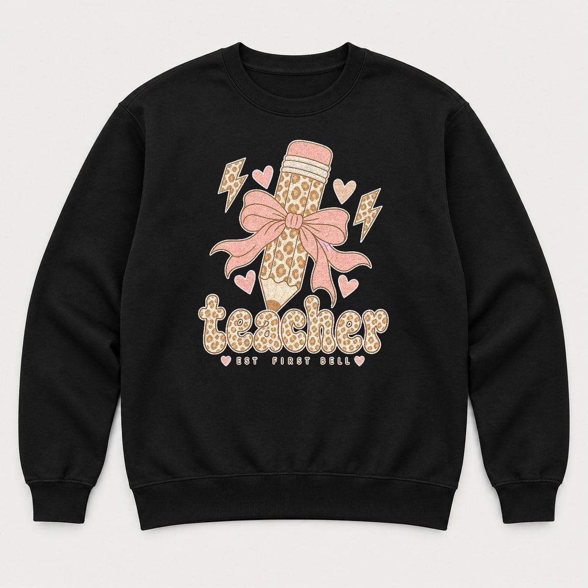 Teacher Est First Bell Leopard Pencil Coquette Bow Graphic T-Shirt & Sweatshirt - Sweatshirt Black Front