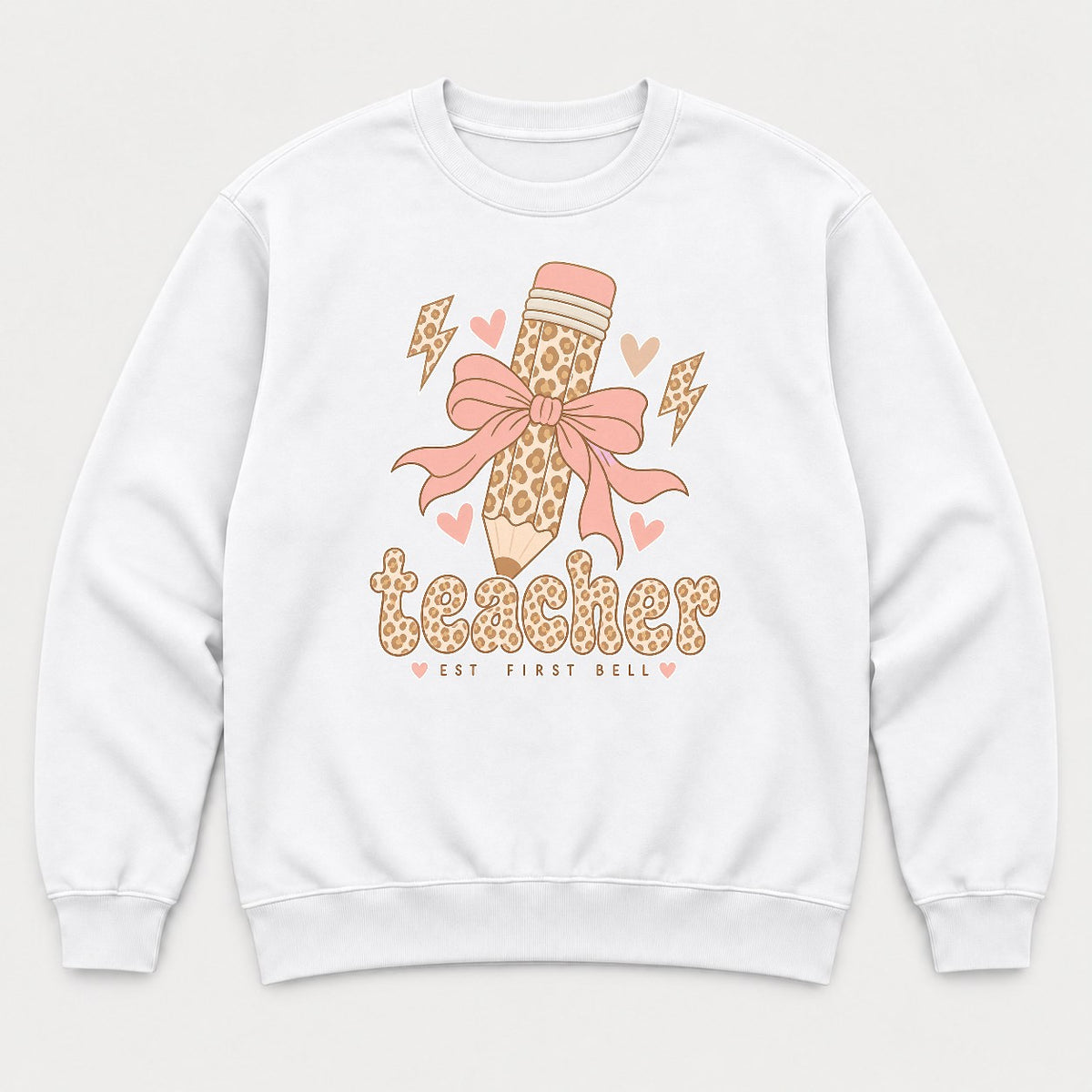 Teacher Est First Bell Leopard Pencil Coquette Bow Graphic T-Shirt & Sweatshirt - Sweatshirt White Front