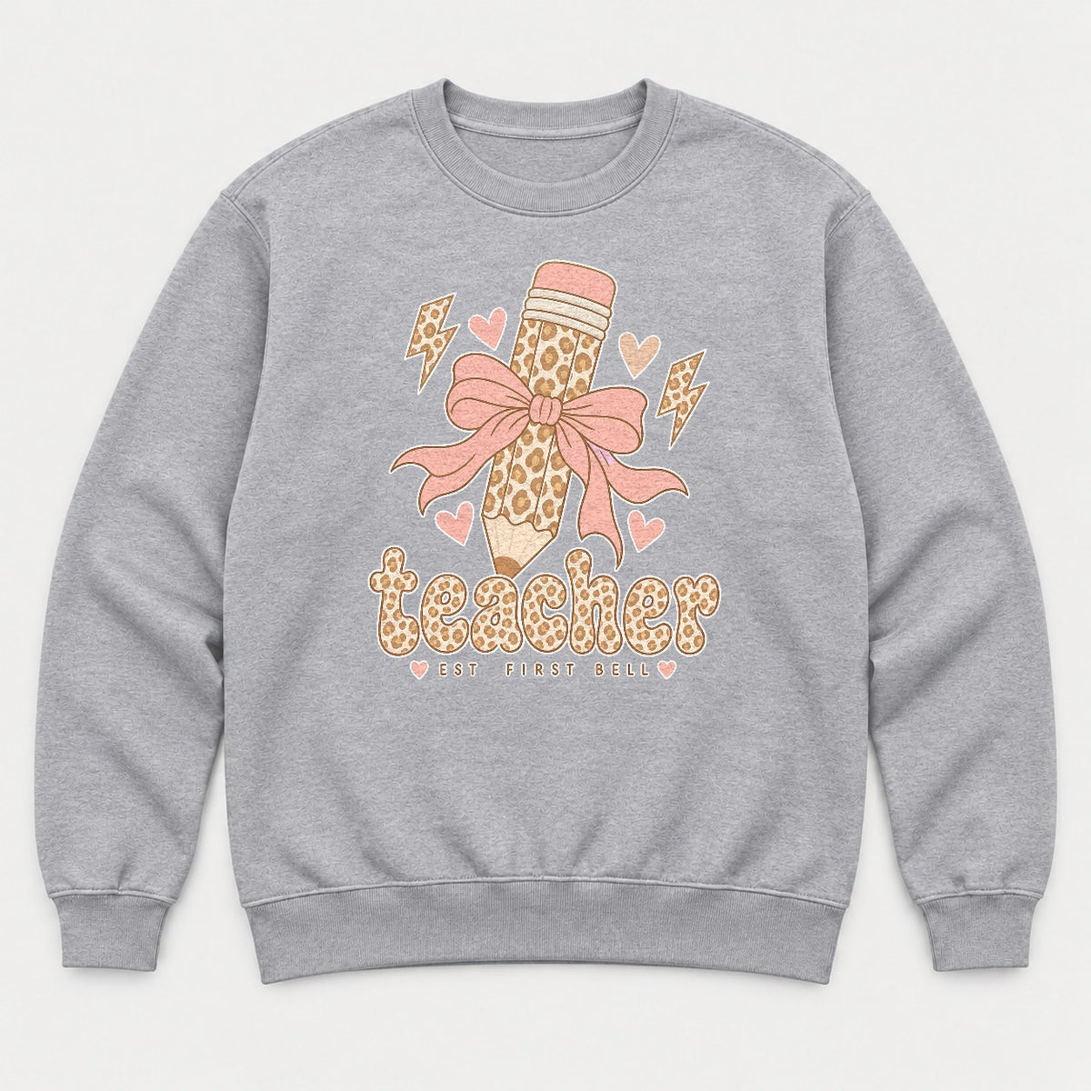 Teacher Est First Bell Leopard Pencil Coquette Bow Graphic T-Shirt & Sweatshirt - Sweatshirt Sport Grey Front