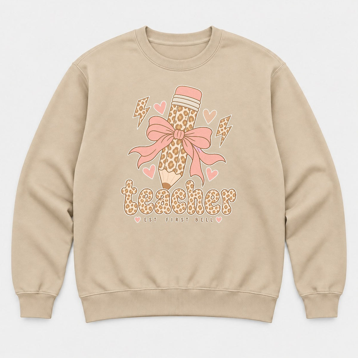 Teacher Est First Bell Leopard Pencil Coquette Bow Graphic T-Shirt & Sweatshirt - Sweatshirt Sand Front