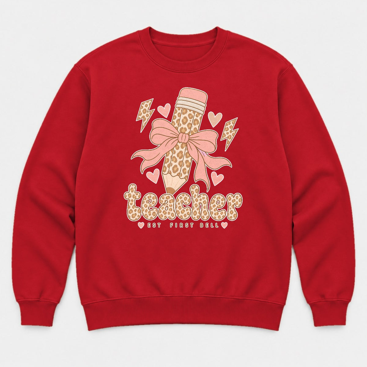 Teacher Est First Bell Leopard Pencil Coquette Bow Graphic T-Shirt & Sweatshirt - Sweatshirt Red Front