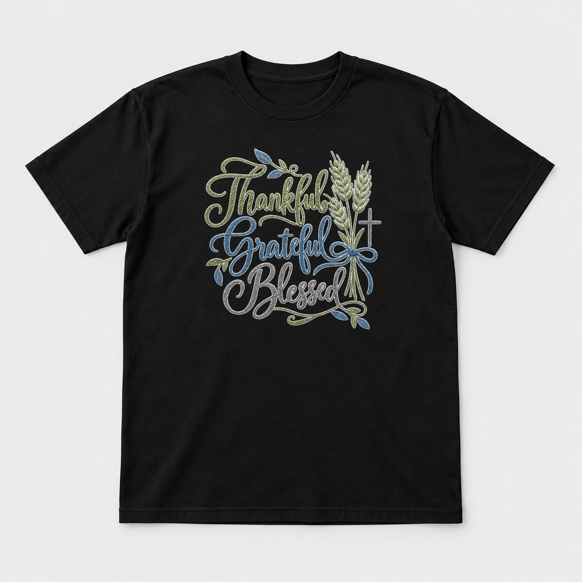 Thanksgiving Grateful Blessed Wheat & Cross Faith Graphic T-Shirt & Sweatshirt - Tshirt Black Front