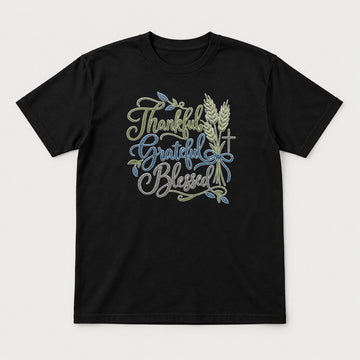 Thanksgiving Grateful Blessed Wheat & Cross Faith Graphic T-Shirt & Sweatshirt - Tshirt Black Front