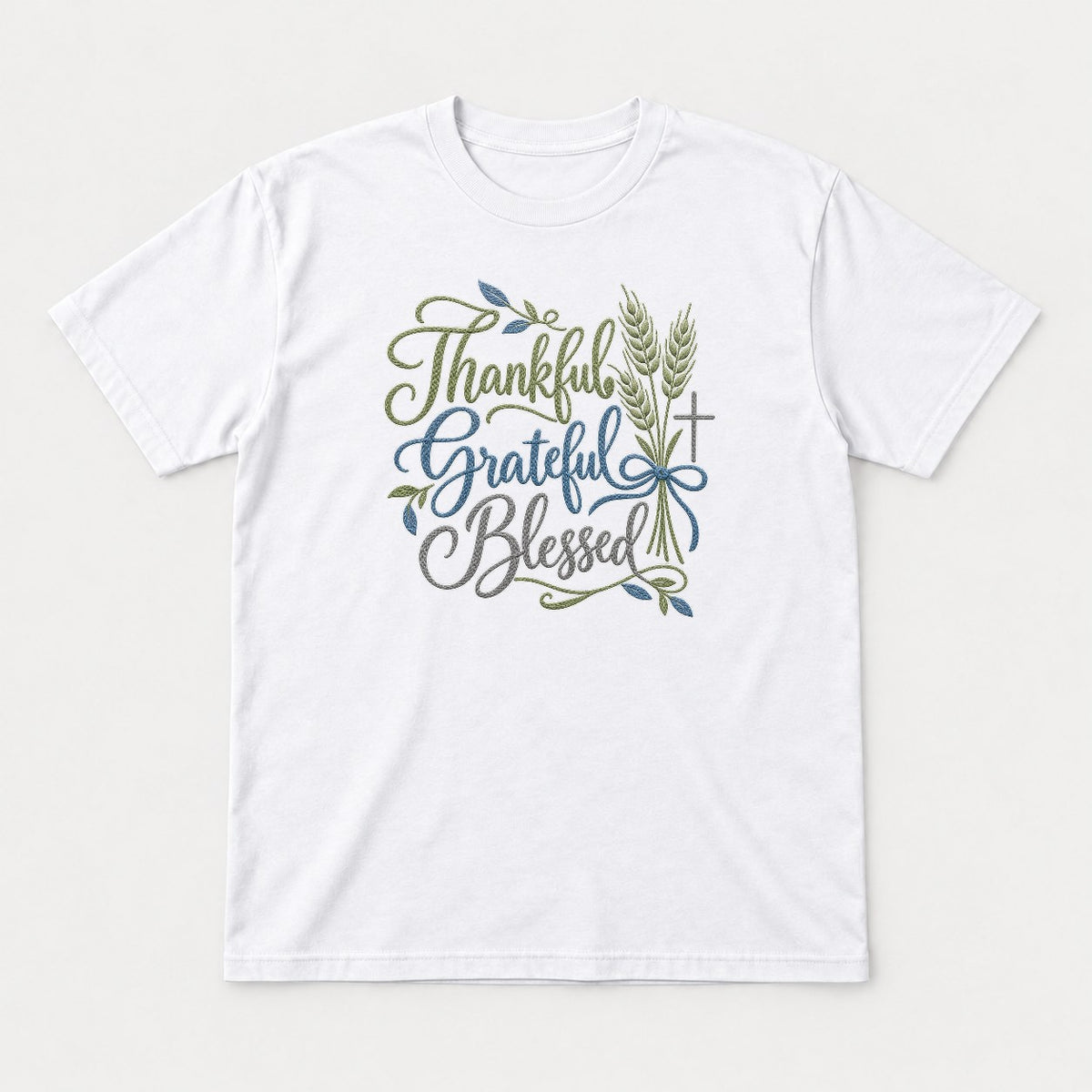 Thanksgiving Grateful Blessed Wheat & Cross Faith Graphic T-Shirt & Sweatshirt - Tshirt White Front