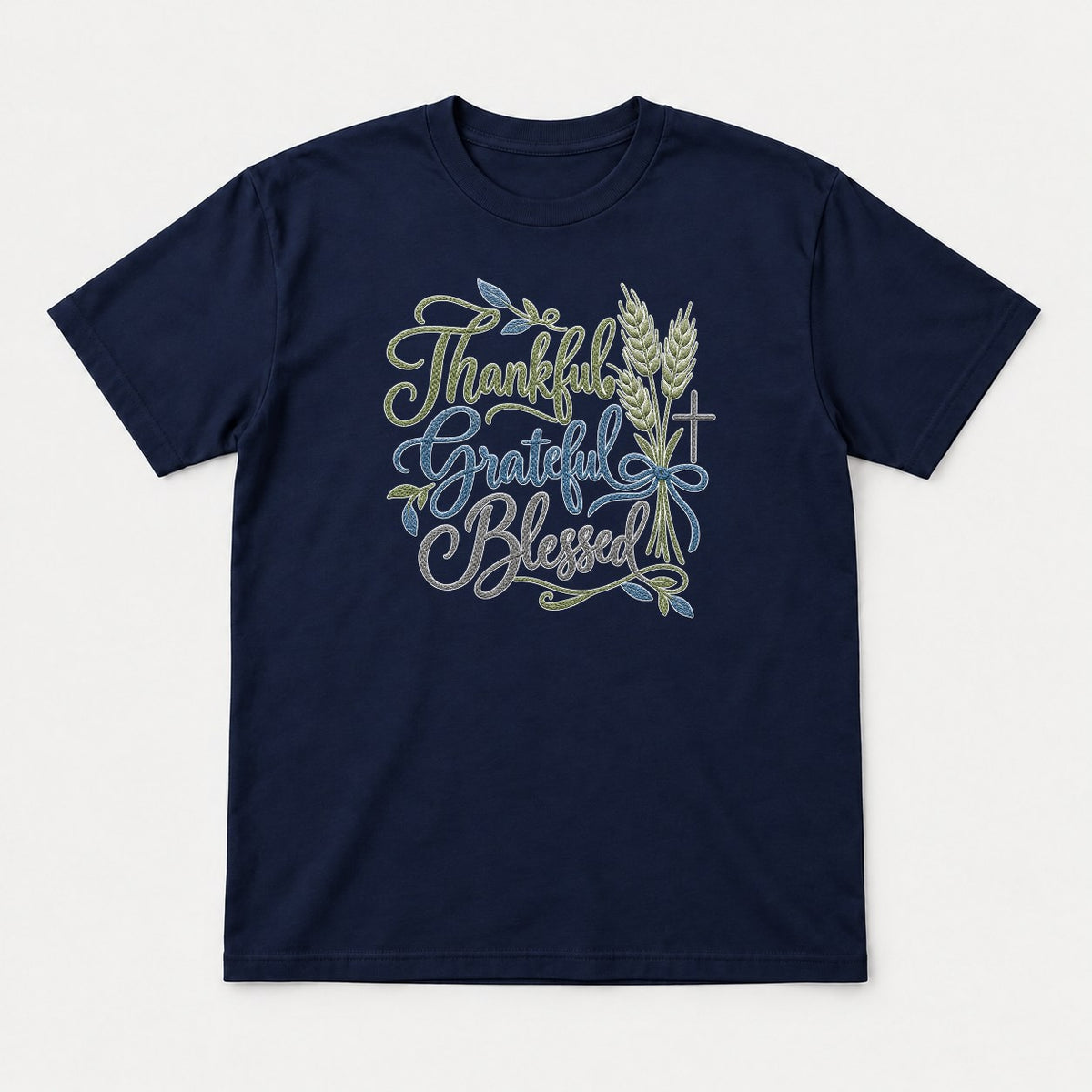 Thanksgiving Grateful Blessed Wheat & Cross Faith Graphic T-Shirt & Sweatshirt - Tshirt Navy Front