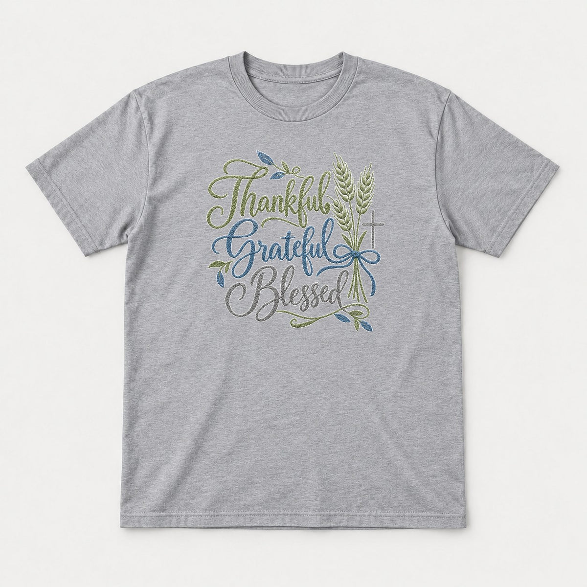 Thanksgiving Grateful Blessed Wheat & Cross Faith Graphic T-Shirt & Sweatshirt - Tshirt Sport Grey Front
