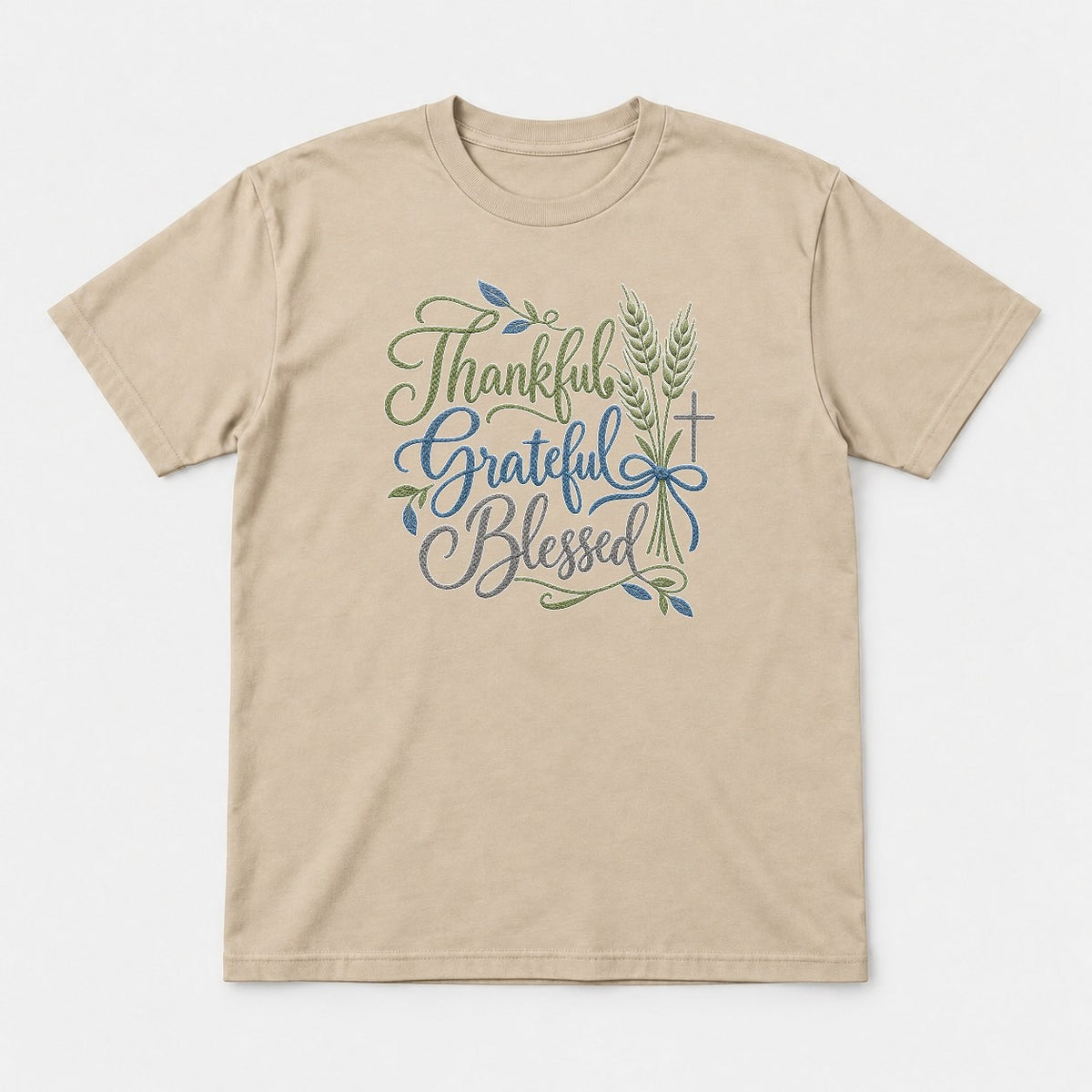 Thanksgiving Grateful Blessed Wheat & Cross Faith Graphic T-Shirt & Sweatshirt - Tshirt Sand Front
