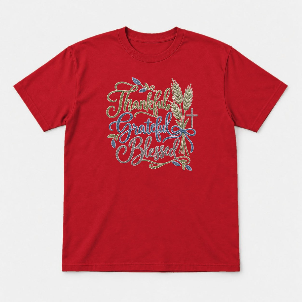 Thanksgiving Grateful Blessed Wheat & Cross Faith Graphic T-Shirt & Sweatshirt - Tshirt Red Front