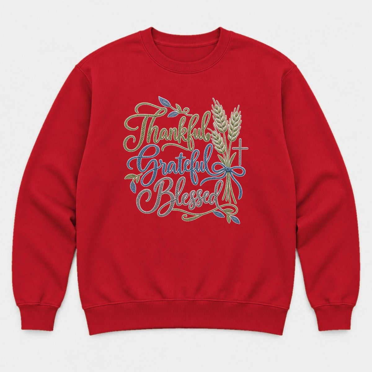 Thanksgiving Grateful Blessed Wheat & Cross Faith Graphic T-Shirt & Sweatshirt - Sweatshirt Red Front