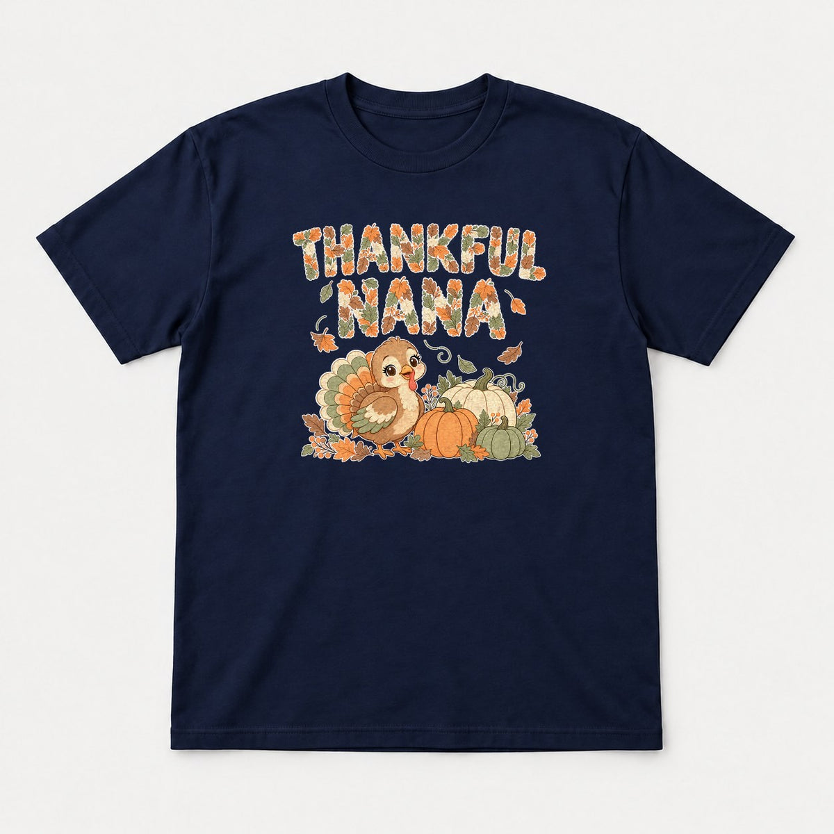 Thankful Nana Autumn Leaves Turkey Graphic T-Shirt & Sweatshirt - Tshirt Navy Front