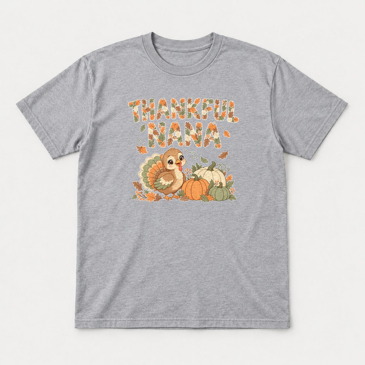Thankful Nana Autumn Leaves Turkey Graphic T-Shirt & Sweatshirt - Tshirt Sport Grey Front