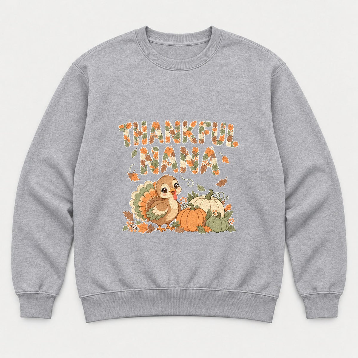 Thankful Nana Autumn Leaves Turkey Graphic T-Shirt & Sweatshirt - Sweatshirt Sport Grey Front