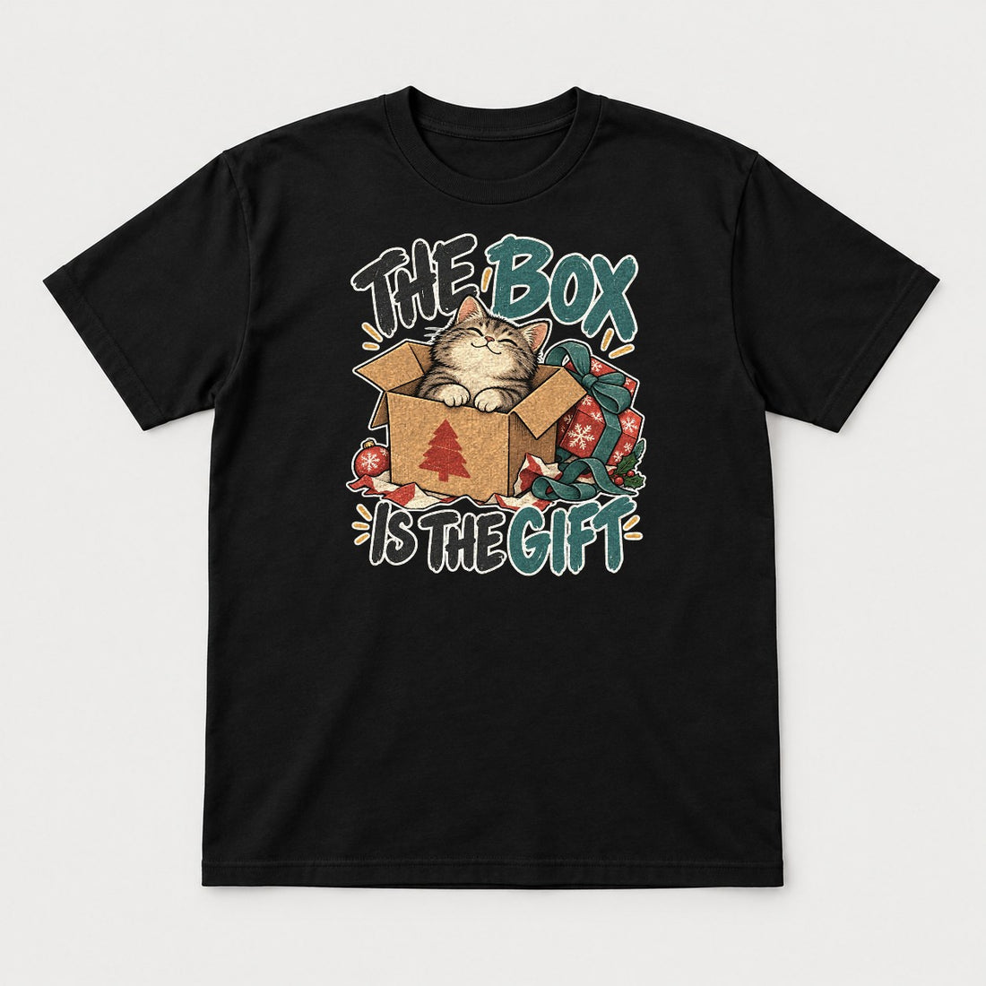 The Box Is The Gift Cozy Christmas Cat Graphic T-Shirt & Sweatshirt - Tshirt Black Front