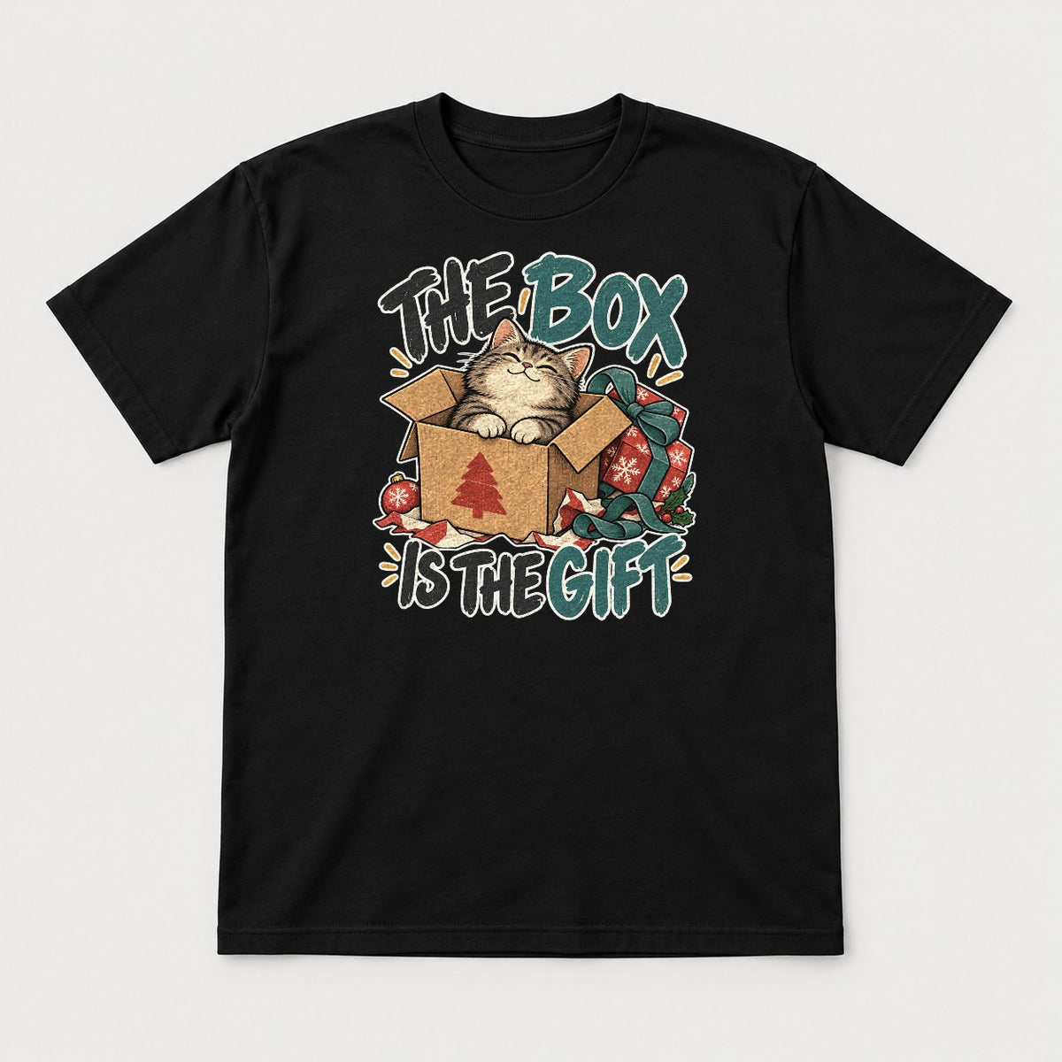The Box Is The Gift Cozy Christmas Cat Graphic T-Shirt & Sweatshirt - Tshirt Black Front