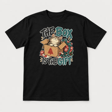 The Box Is The Gift Cozy Christmas Cat Graphic T-Shirt & Sweatshirt - Tshirt Black Front