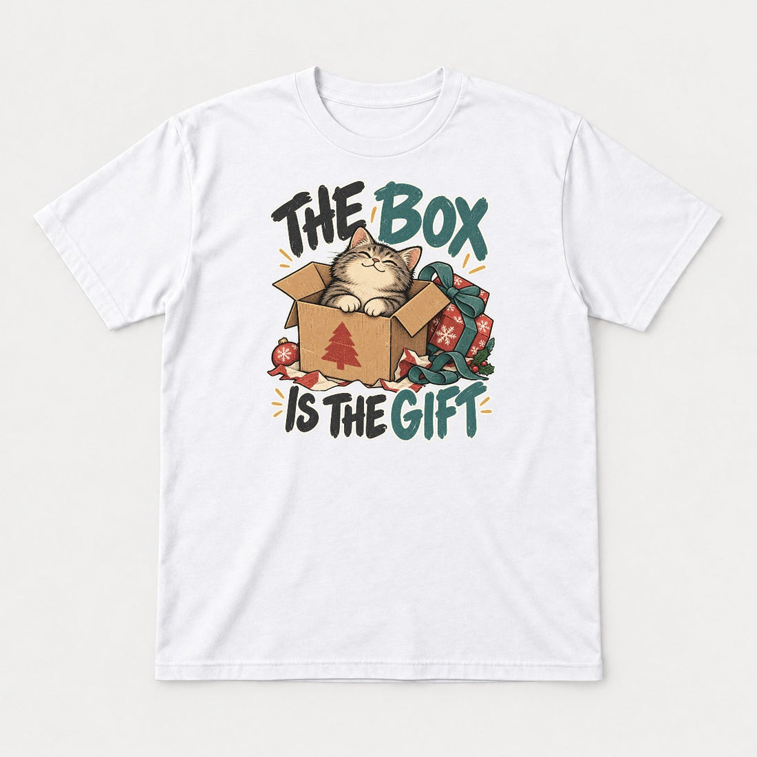 The Box Is The Gift Cozy Christmas Cat Graphic T-Shirt & Sweatshirt - Tshirt Black Front
