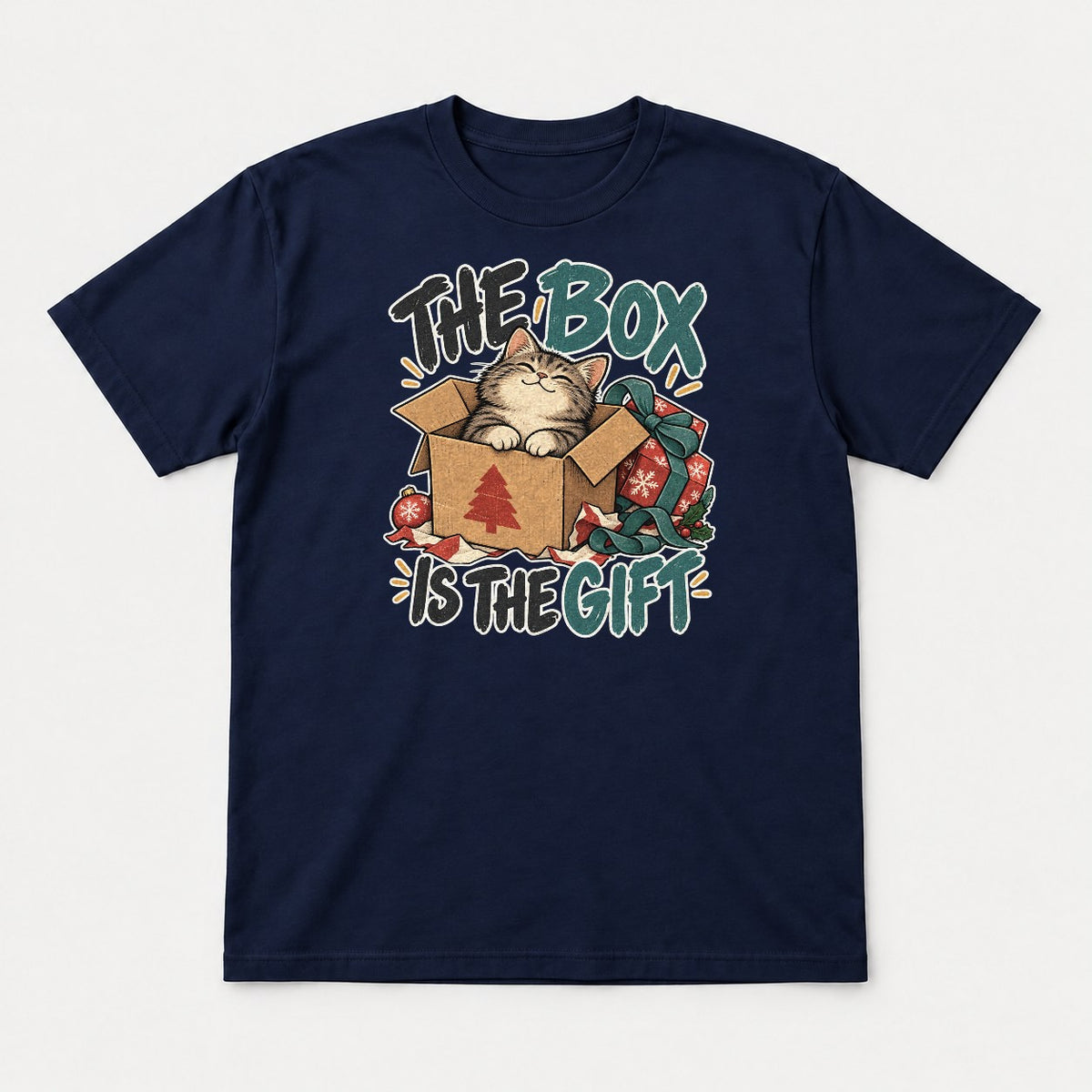The Box Is The Gift Cozy Christmas Cat Graphic T-Shirt & Sweatshirt - Tshirt Navy Front