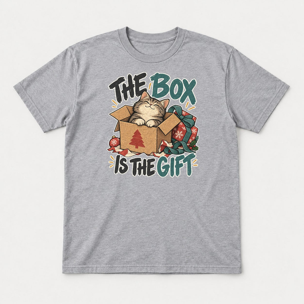 The Box Is The Gift Cozy Christmas Cat Graphic T-Shirt & Sweatshirt - Tshirt Sport Grey Front
