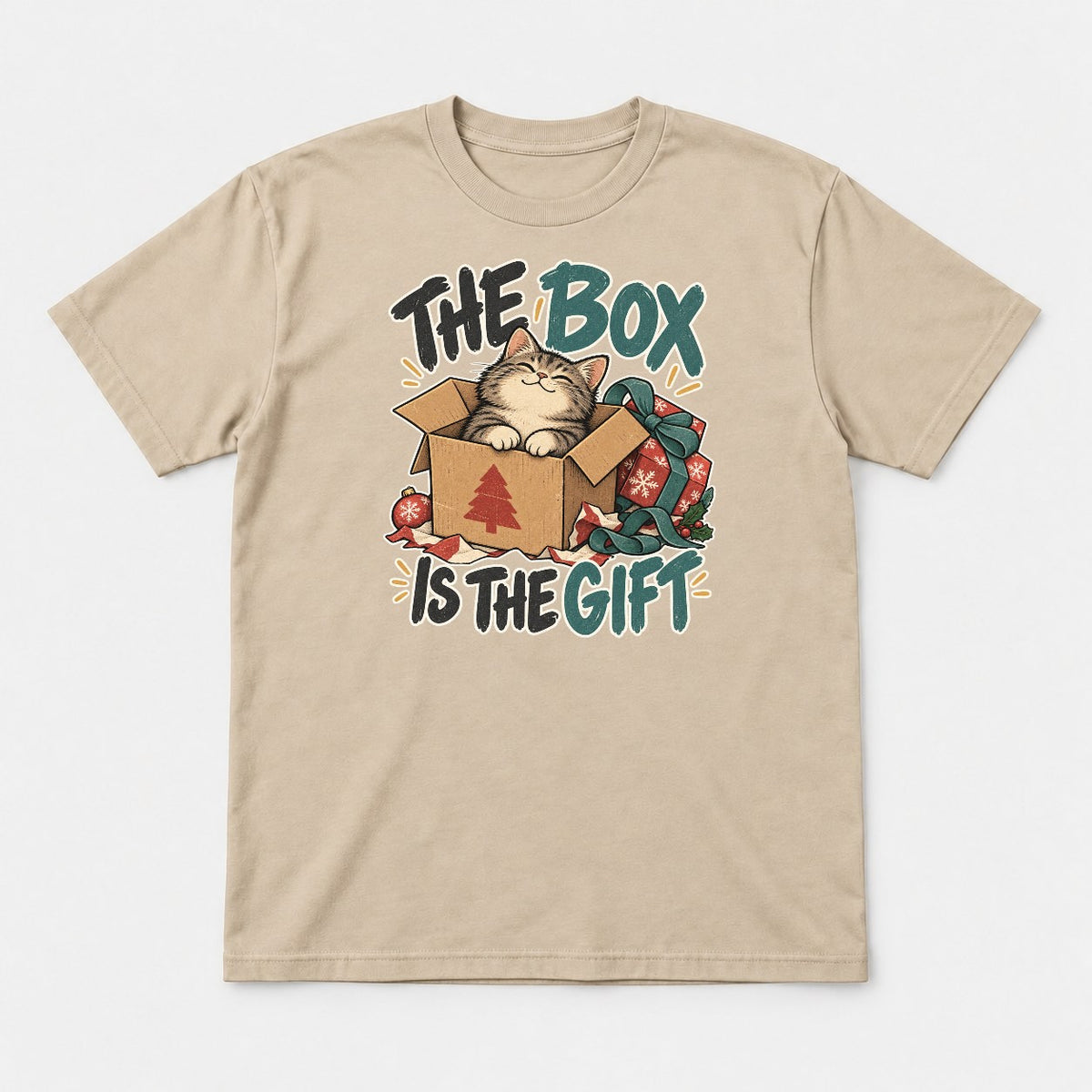 The Box Is The Gift Cozy Christmas Cat Graphic T-Shirt & Sweatshirt - Tshirt Sand Front