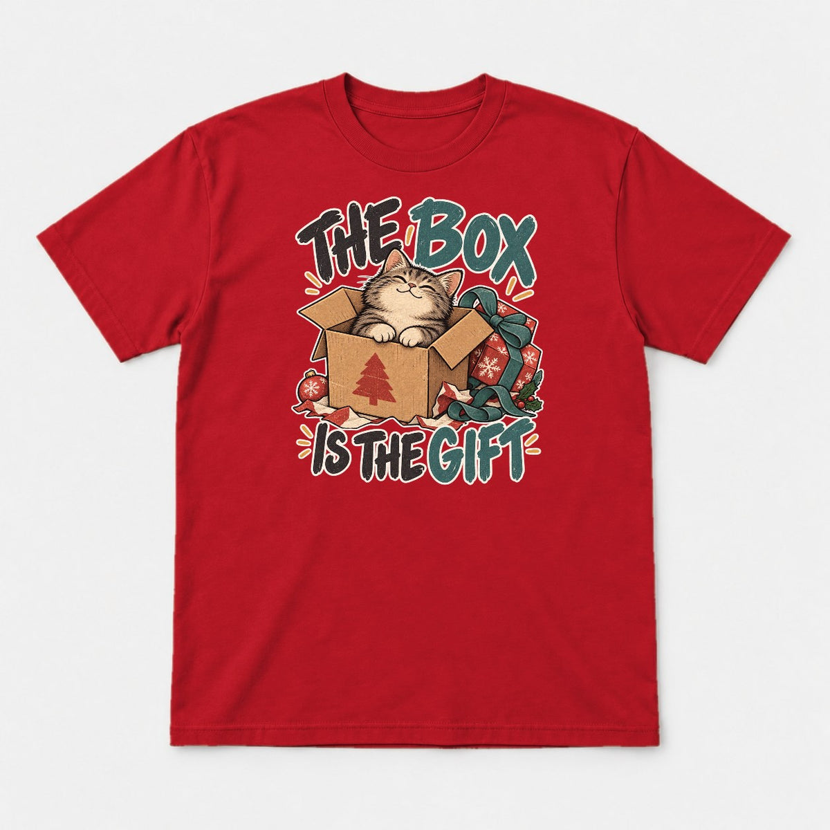 The Box Is The Gift Cozy Christmas Cat Graphic T-Shirt & Sweatshirt - Tshirt Red Front