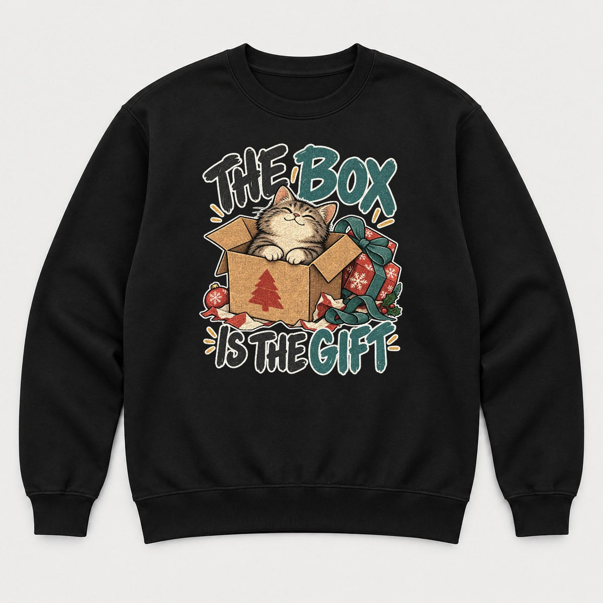 The Box Is The Gift Cozy Christmas Cat Graphic T-Shirt & Sweatshirt - Sweatshirt Black Front