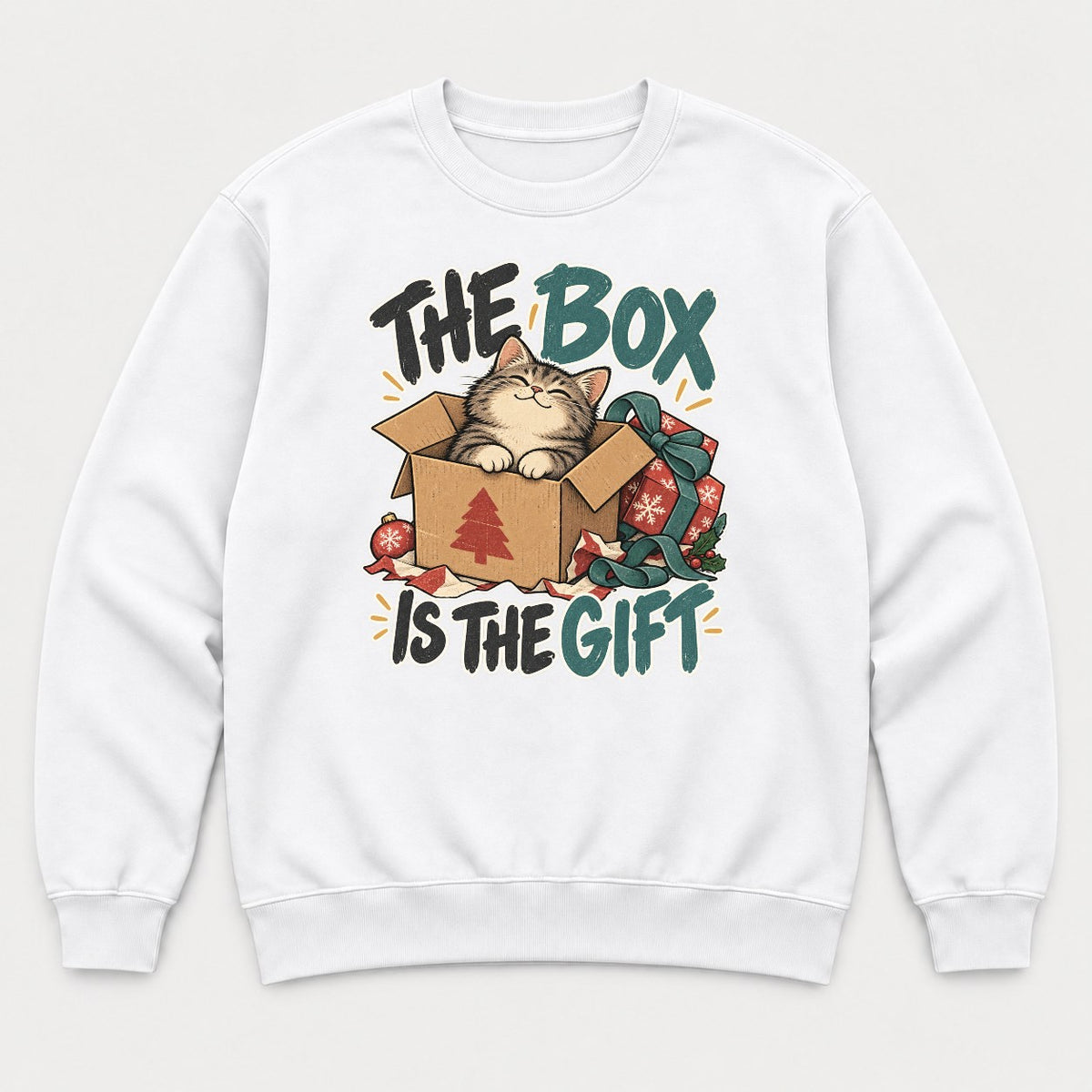 The Box Is The Gift Cozy Christmas Cat Graphic T-Shirt & Sweatshirt - Sweatshirt White Front