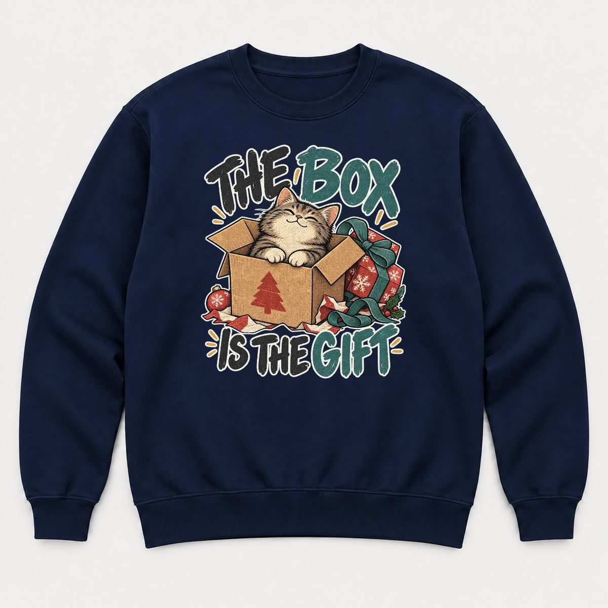 The Box Is The Gift Cozy Christmas Cat Graphic T-Shirt & Sweatshirt - Sweatshirt Navy Front