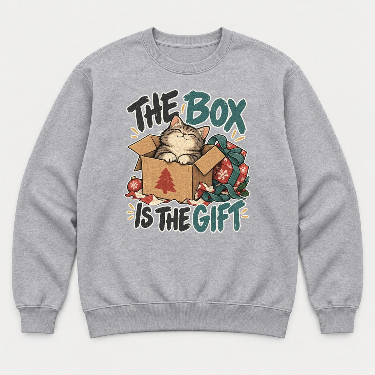 The Box Is The Gift Cozy Christmas Cat Graphic T-Shirt & Sweatshirt - Sweatshirt Sport Grey Front