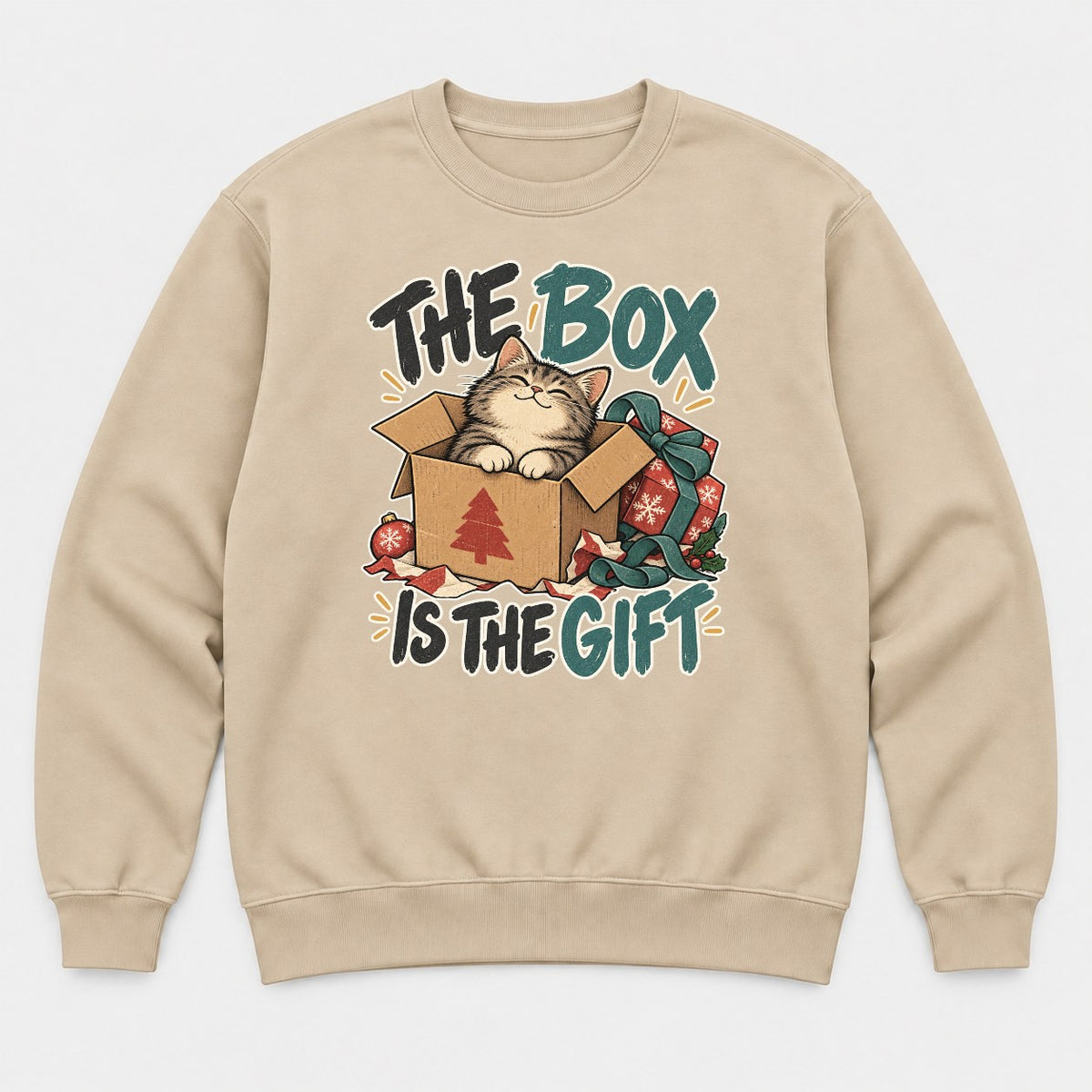 The Box Is The Gift Cozy Christmas Cat Graphic T-Shirt & Sweatshirt - Sweatshirt Sand Front