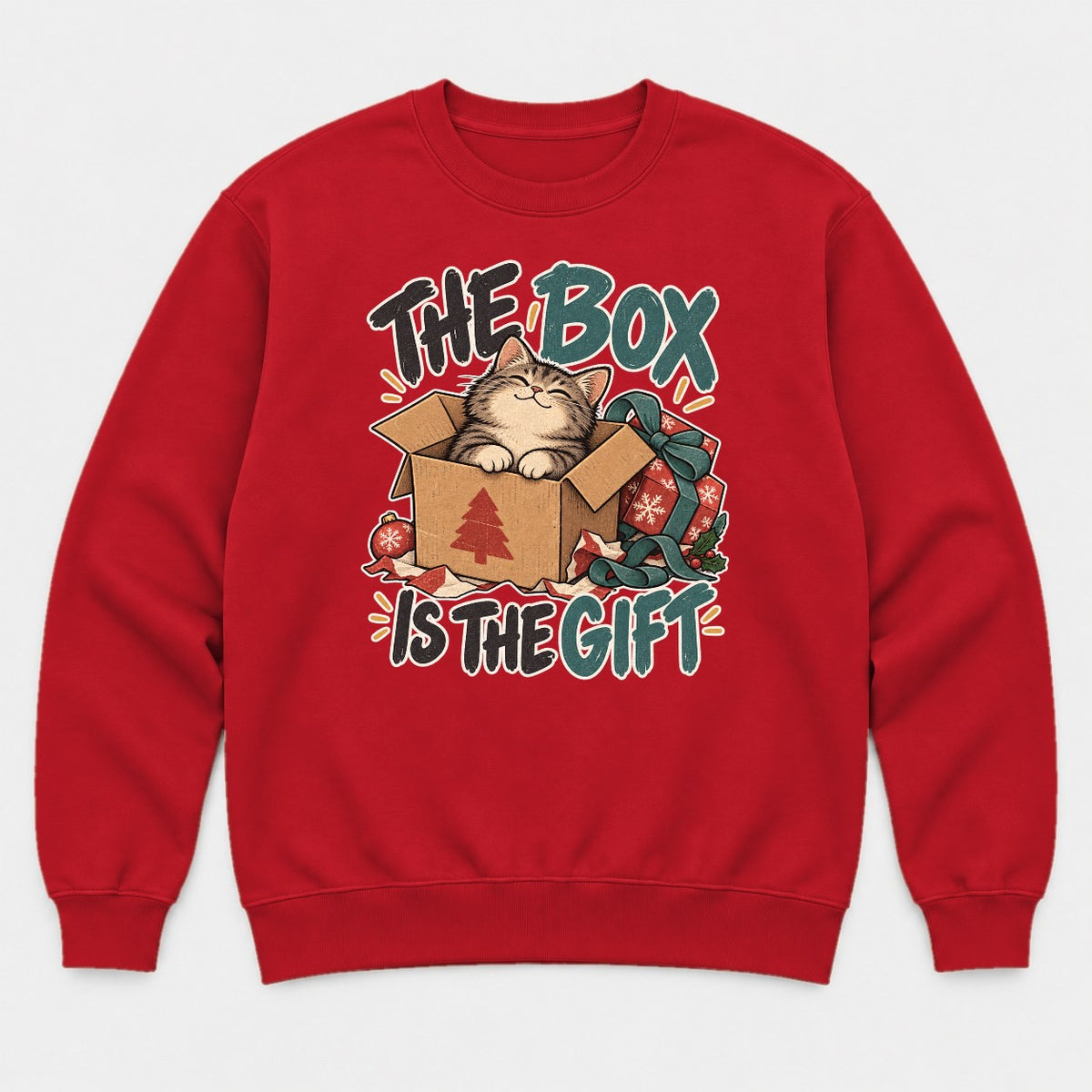 The Box Is The Gift Cozy Christmas Cat Graphic T-Shirt & Sweatshirt - Sweatshirt Red Front