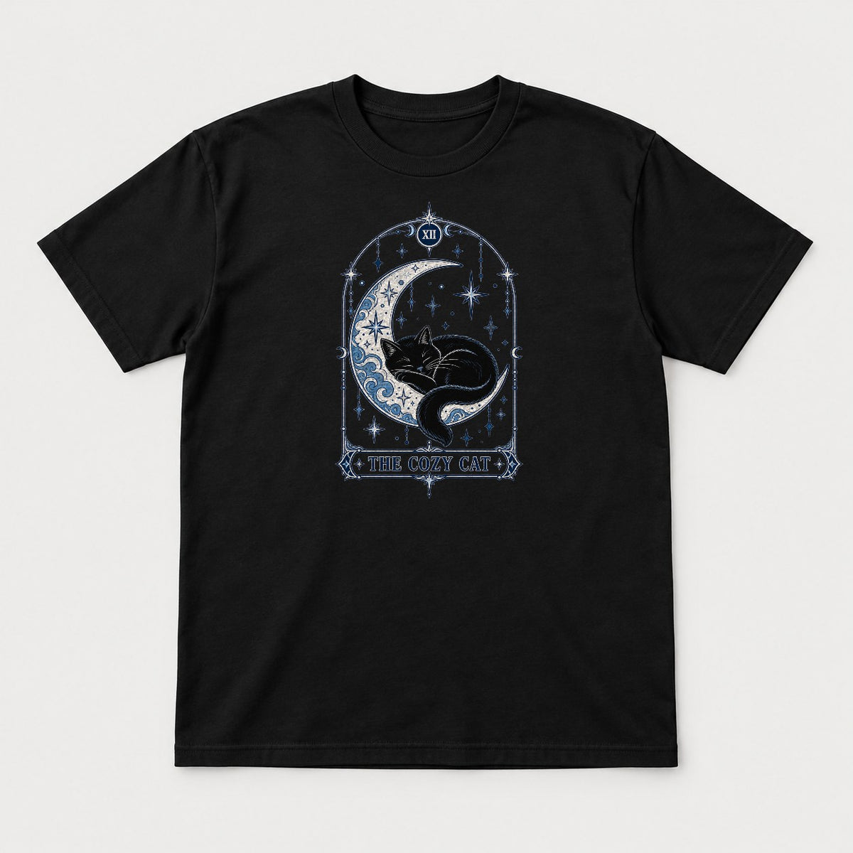 The Cozy Cat Celestial Tarot Card Black Cat Graphic T-Shirt & Sweatshirt - Tshirt Black Front
