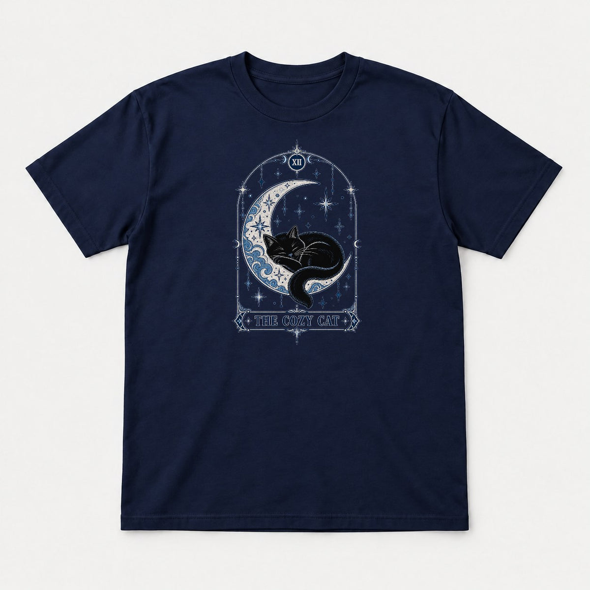 The Cozy Cat Celestial Tarot Card Black Cat Graphic T-Shirt & Sweatshirt - Tshirt Navy Front