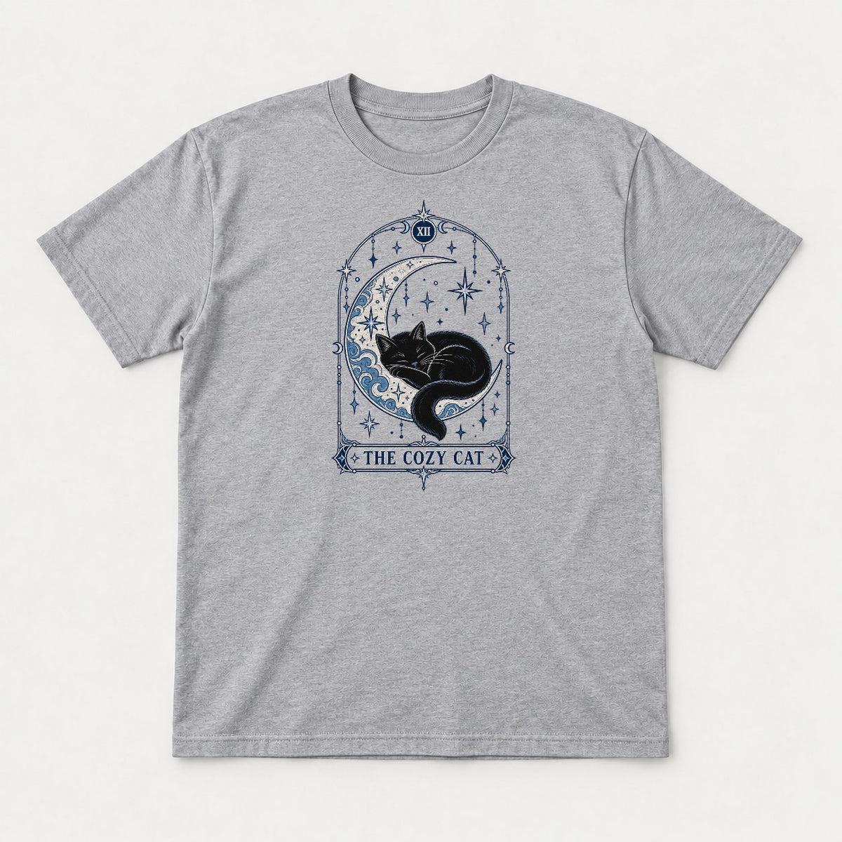 The Cozy Cat Celestial Tarot Card Black Cat Graphic T-Shirt & Sweatshirt - Tshirt Sport Grey Front