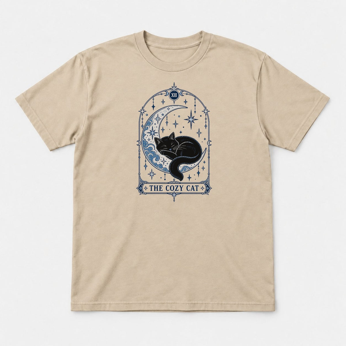 The Cozy Cat Celestial Tarot Card Black Cat Graphic T-Shirt & Sweatshirt - Tshirt Sand Front