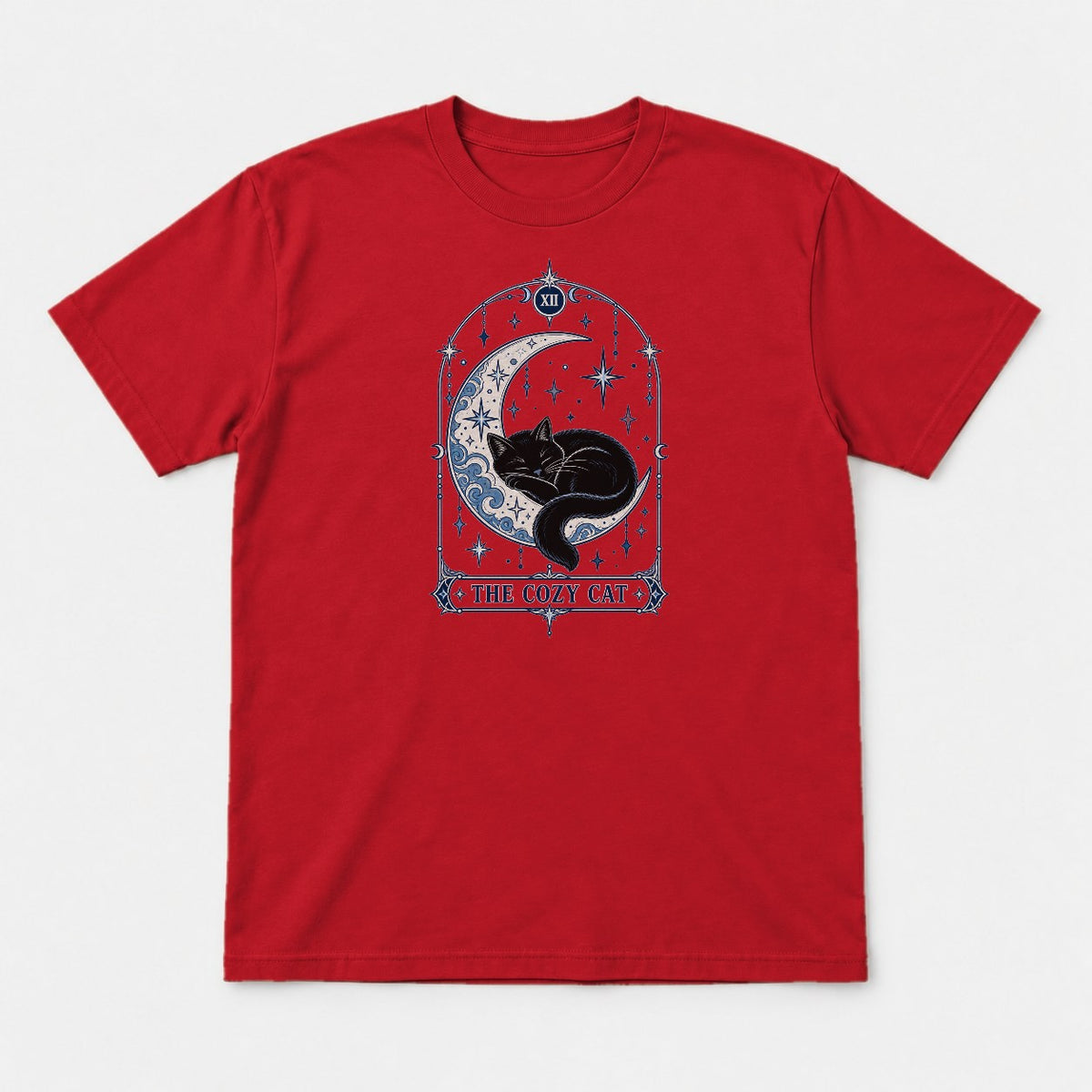 The Cozy Cat Celestial Tarot Card Black Cat Graphic T-Shirt & Sweatshirt - Tshirt Red Front